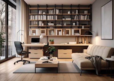 Modern home office in the living room and cleaning services
